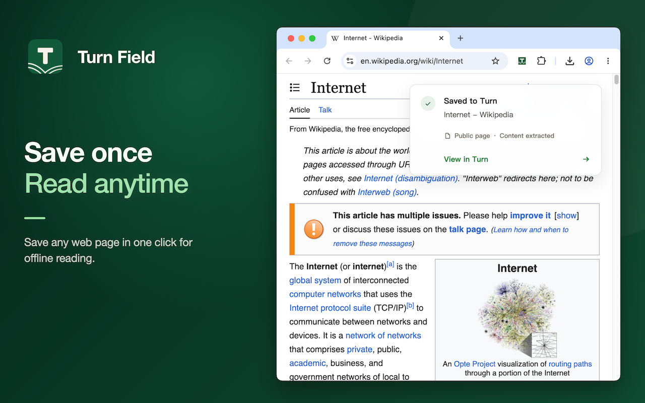 Turn Field saves the current webpage with one click.